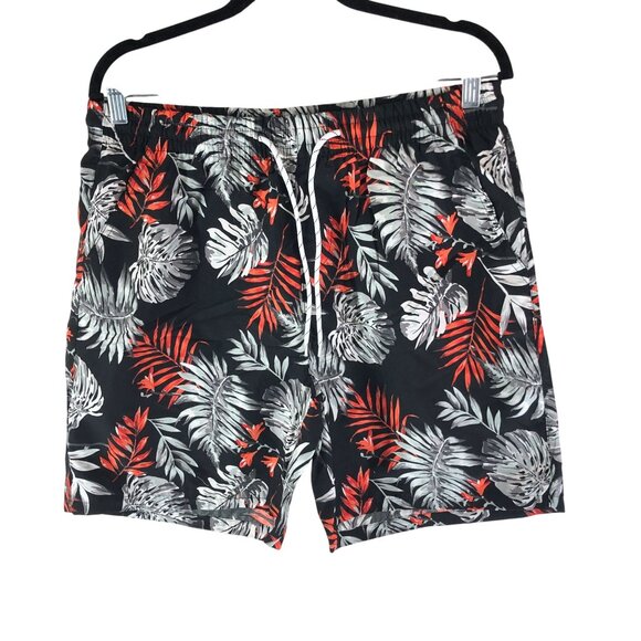 SSLR Mens Swim Trunks Mesh Lined Drawstring Palm Floral Black Red White 36 - Picture 1 of 3
